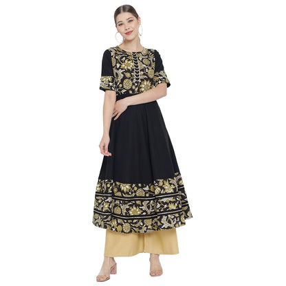 Cotton Floral Printed Anarkali Kurti (Black)