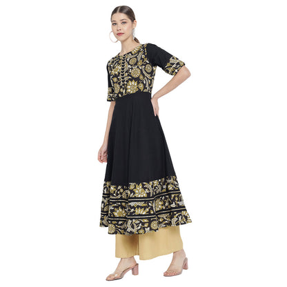 Cotton Floral Printed Anarkali Kurti (Black)