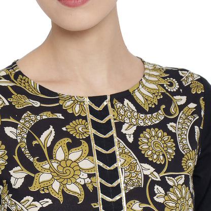 Cotton Floral Printed Anarkali Kurti (Black)