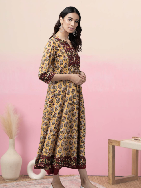 yash gallery womens cotton floral printed anarkali kurta mustard