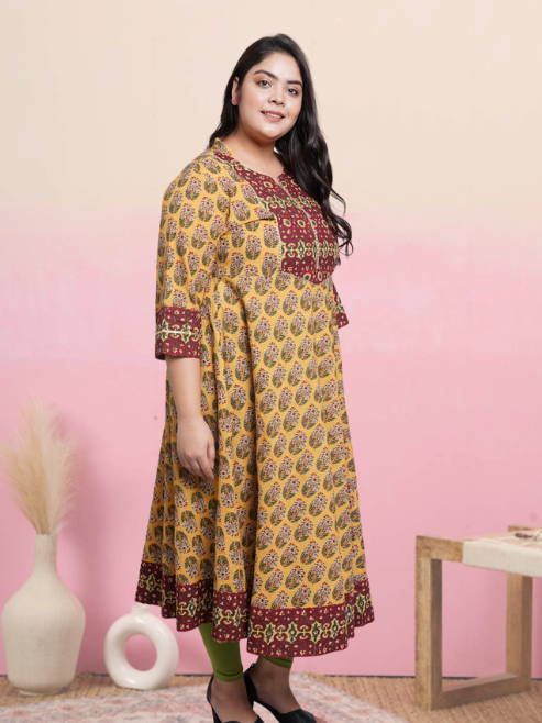 yash gallery womens cotton floral printed anarkali kurta mustard