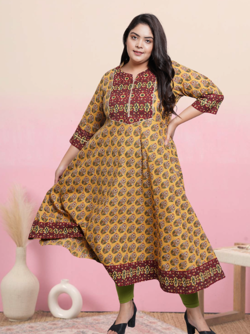 yash gallery womens cotton floral printed anarkali kurta mustard