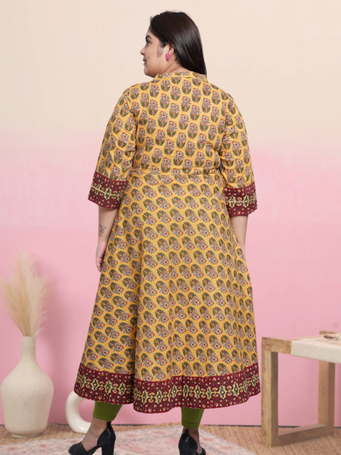 yash gallery womens cotton floral printed anarkali kurta mustard