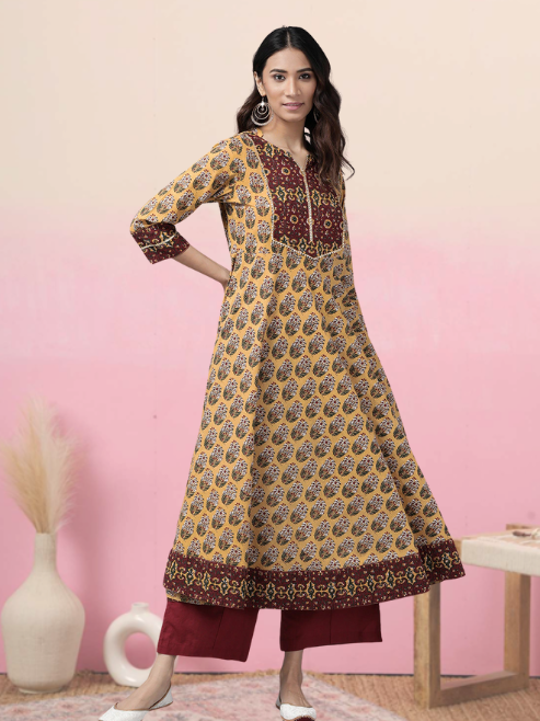 yash gallery womens cotton floral printed anarkali kurta mustard