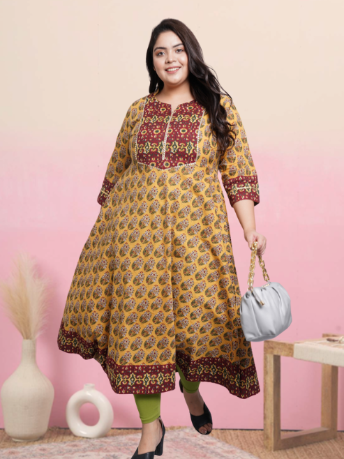 yash gallery womens cotton floral printed anarkali kurta mustard