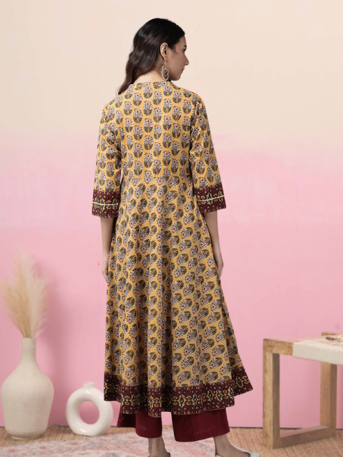 yash gallery womens cotton floral printed anarkali kurta mustard