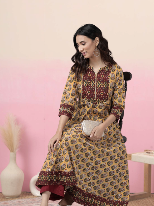 yash gallery womens cotton floral printed anarkali kurta mustard