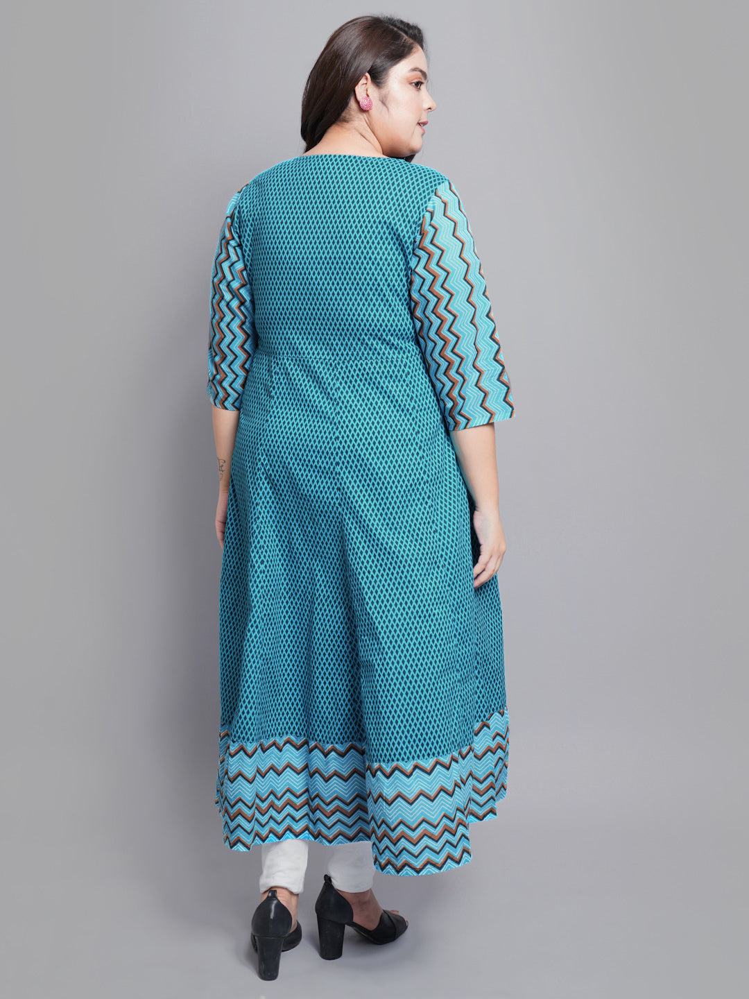 YASH GALLERY Women's Plus Size Cotton Geometric Print Anarkali kurti (Teal)