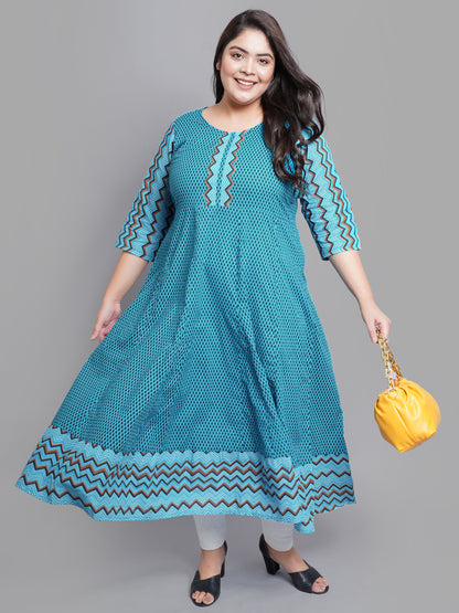 Cotton Geometric Print Anarkali Kurta (Mustard)