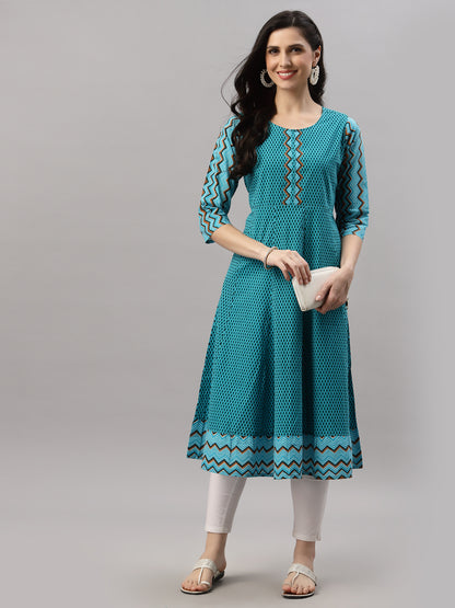 Cotton Geometric Print Anarkali Kurta (Mustard)