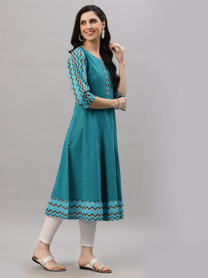 Cotton Geometric Print Anarkali Kurta (Mustard)