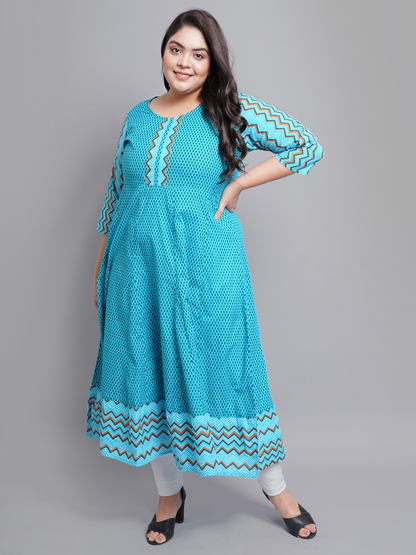 Cotton Geometric Print Anarkali Kurta Plus Size