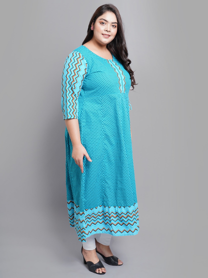Cotton Geometric Print Anarkali Kurta Plus Size