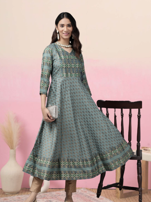 womens rayon floral print anarkali kurta green