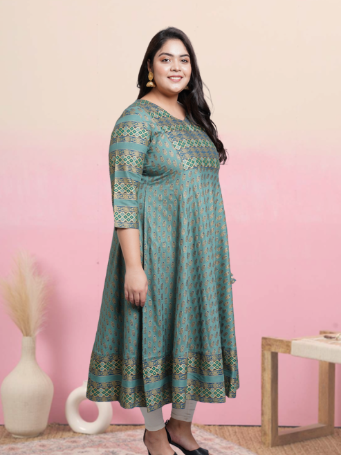 womens rayon floral print anarkali kurta green
