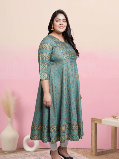 womens rayon floral print anarkali kurta green
