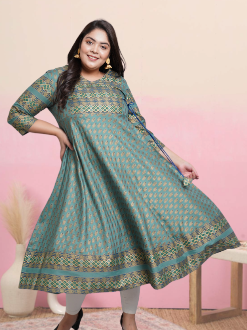 womens rayon floral print anarkali kurta green