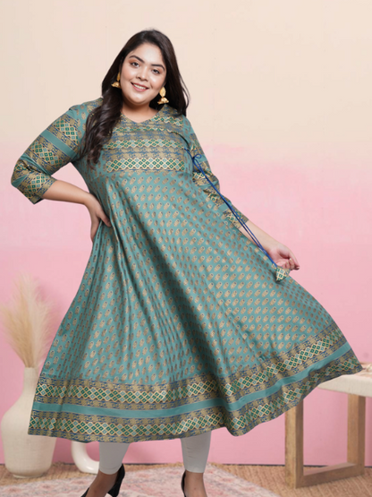 womens rayon floral print anarkali kurta green