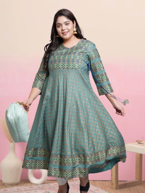 womens rayon floral print anarkali kurta green