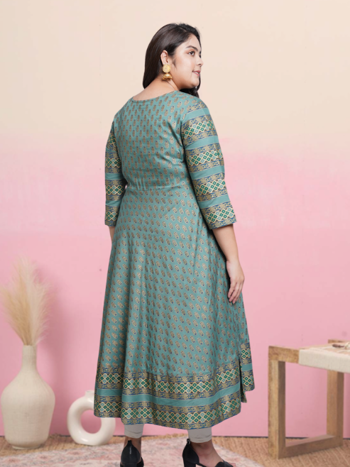 womens rayon floral print anarkali kurta green