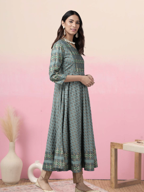 womens rayon floral print anarkali kurta green