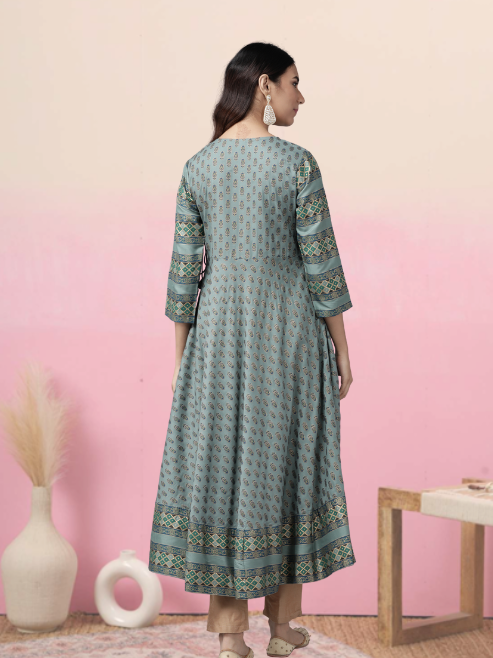womens rayon floral print anarkali kurta green