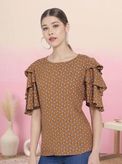 Rayon Floral Printed Regular Top (Brown)