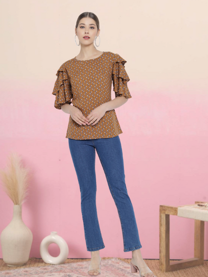 Rayon Floral Printed Regular Top (Brown)