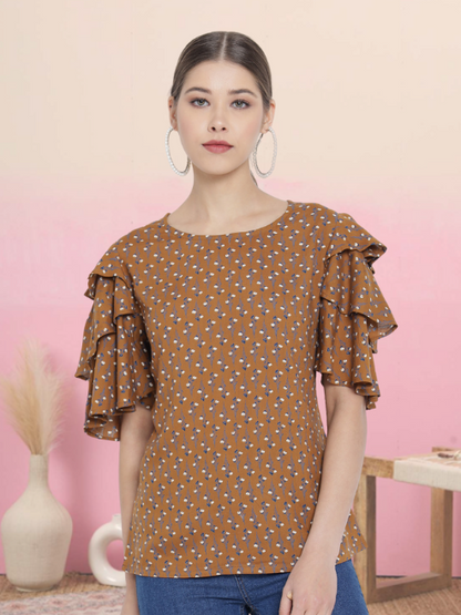 Rayon Floral Printed Regular Top (Brown)