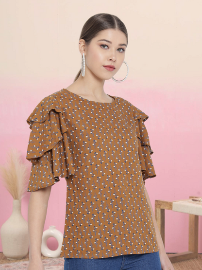 Rayon Floral Printed Regular Top (Brown)