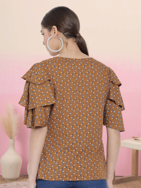 Rayon Floral Printed Regular Top (Brown)