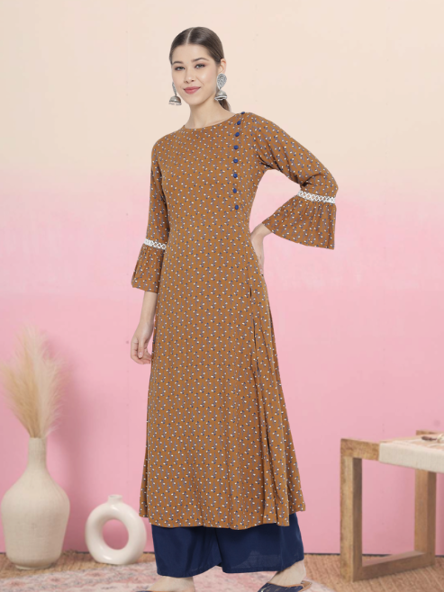 yash gallery womens floral printed a line kurti brown