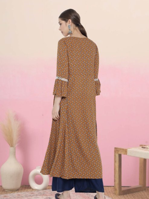 yash gallery womens floral printed a line kurti brown