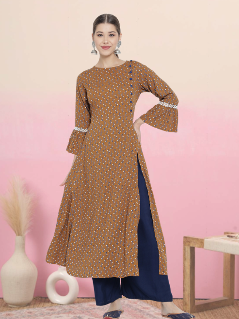 yash gallery womens floral printed a line kurti brown