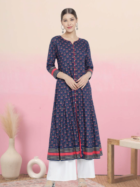 Floral Printed Anarkali Kurti (Blue)
