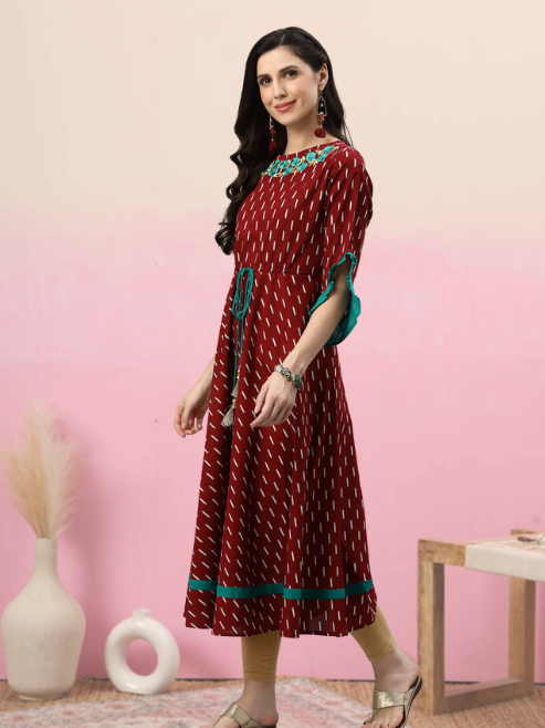 women cambric cotton embroidered geomatrical print anarkali kurta dress black