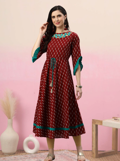 women cambric cotton embroidered geomatrical print anarkali kurta dress black