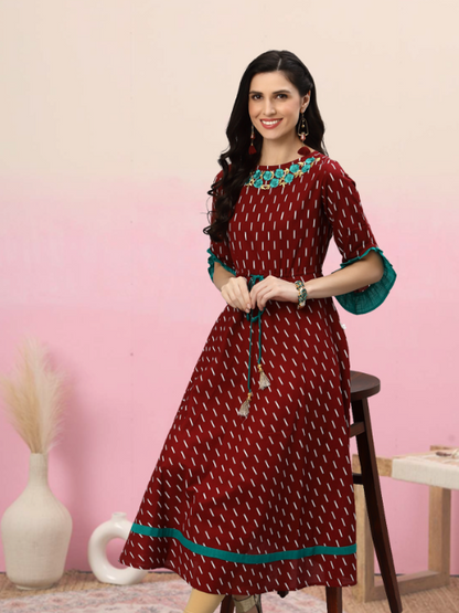 women cambric cotton embroidered geomatrical print anarkali kurta dress black