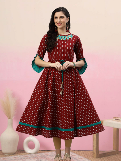 women cambric cotton embroidered geomatrical print anarkali kurta dress black