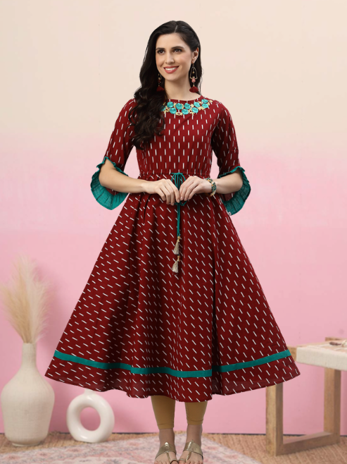 Cambric Cotton Embroidered Geomatrical Print Anarkali Kurta Dress