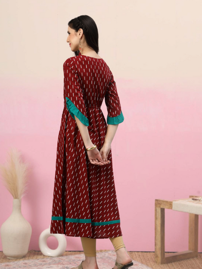 women cambric cotton embroidered geomatrical print anarkali kurta dress black