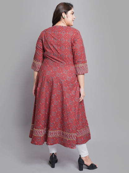 Cotton Round Neck Floral Printed Anarkali Kurta (Maroon)