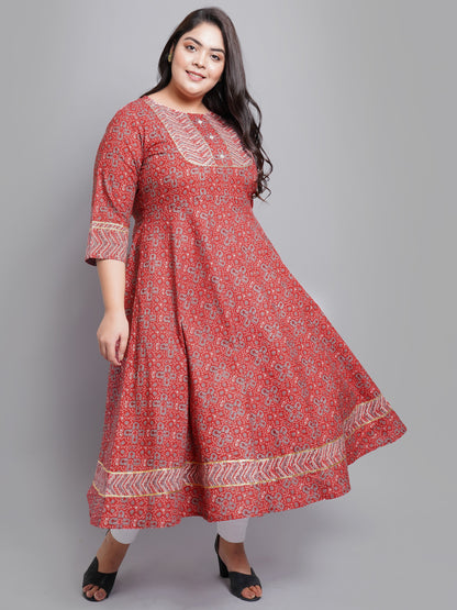 Cotton Round Neck Floral Printed Anarkali Kurta (Maroon)