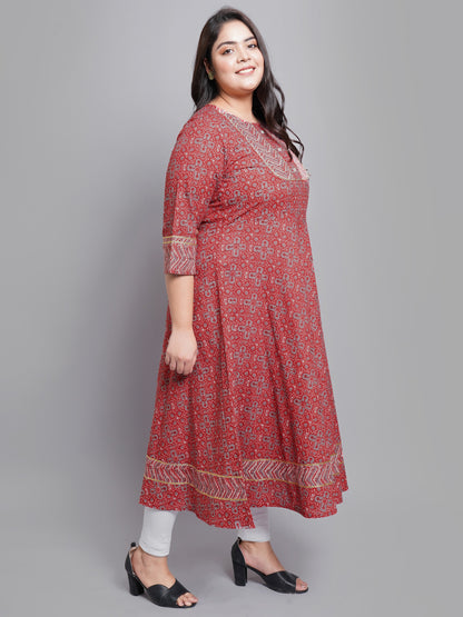 Cotton Round Neck Floral Printed Anarkali Kurta (Maroon)