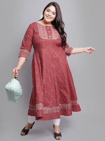 Cotton Round Neck Floral Printed Anarkali Kurta (Maroon)