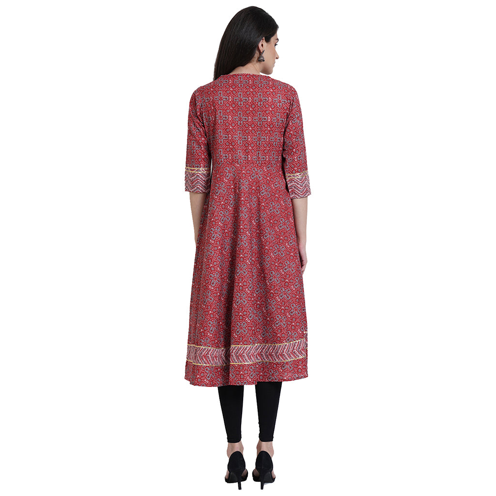 Cotton Round Neck Floral Printed Anarkali Kurta (Maroon)