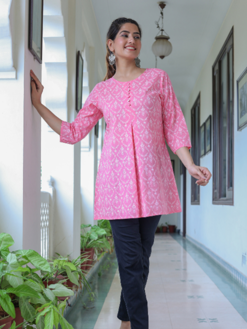Cotton Floral Printed Short Kurti