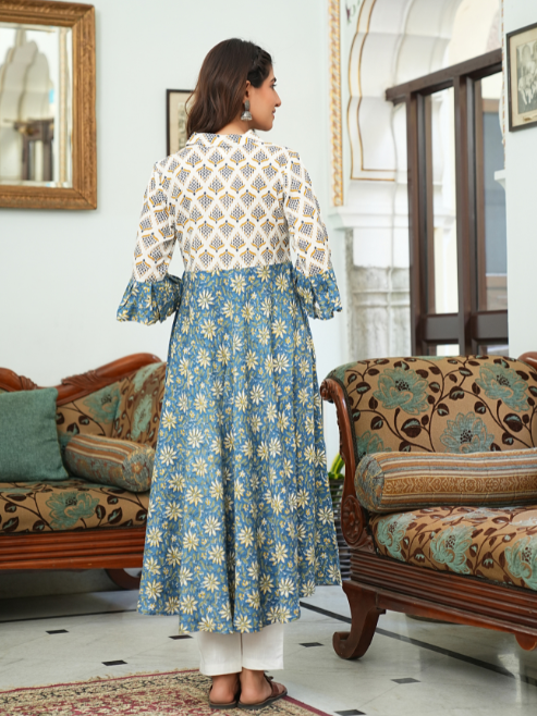 yash gallery womens viscose rayon floral anarkali kurta blue