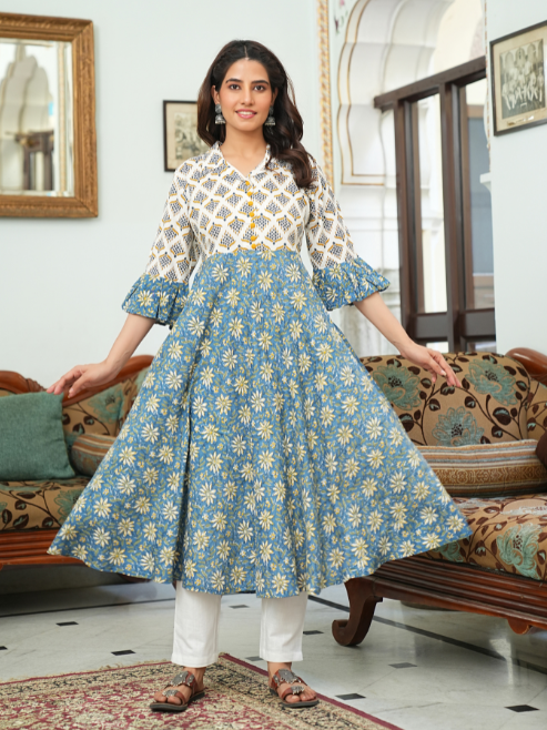 yash gallery womens viscose rayon floral anarkali kurta blue