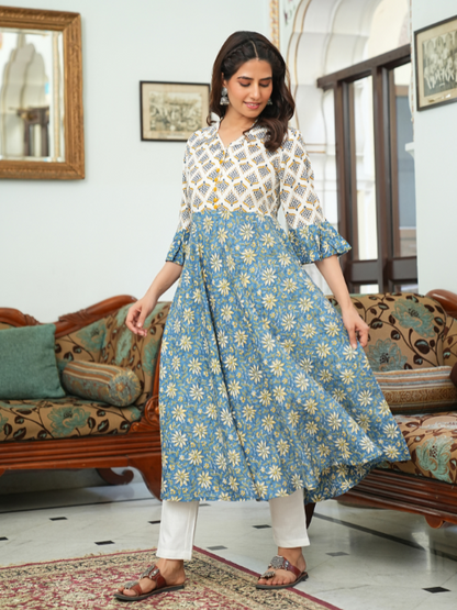 yash gallery womens viscose rayon floral anarkali kurta blue